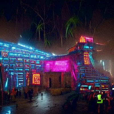 futuristic Mayan temple in the jungle with chinese market lights