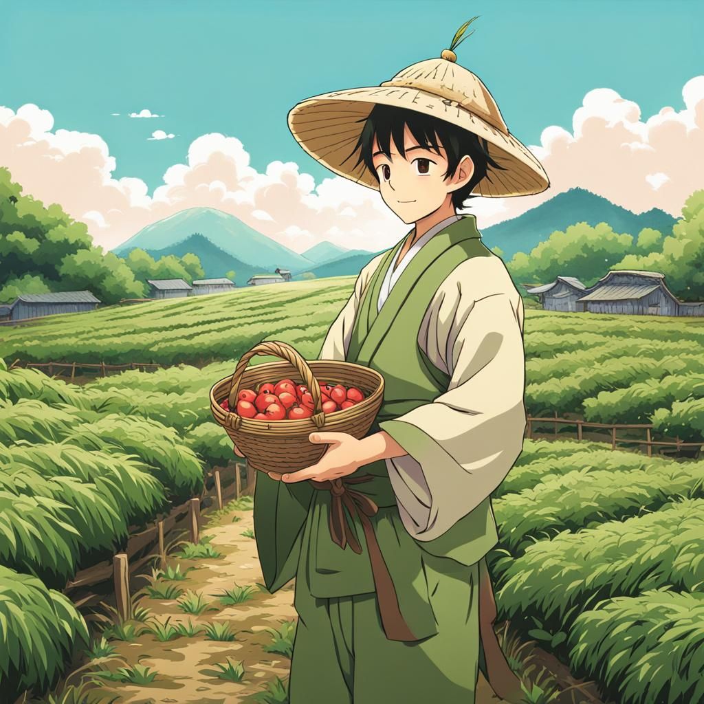 Japanese Tea Farmer in Pastel Cartoon Style