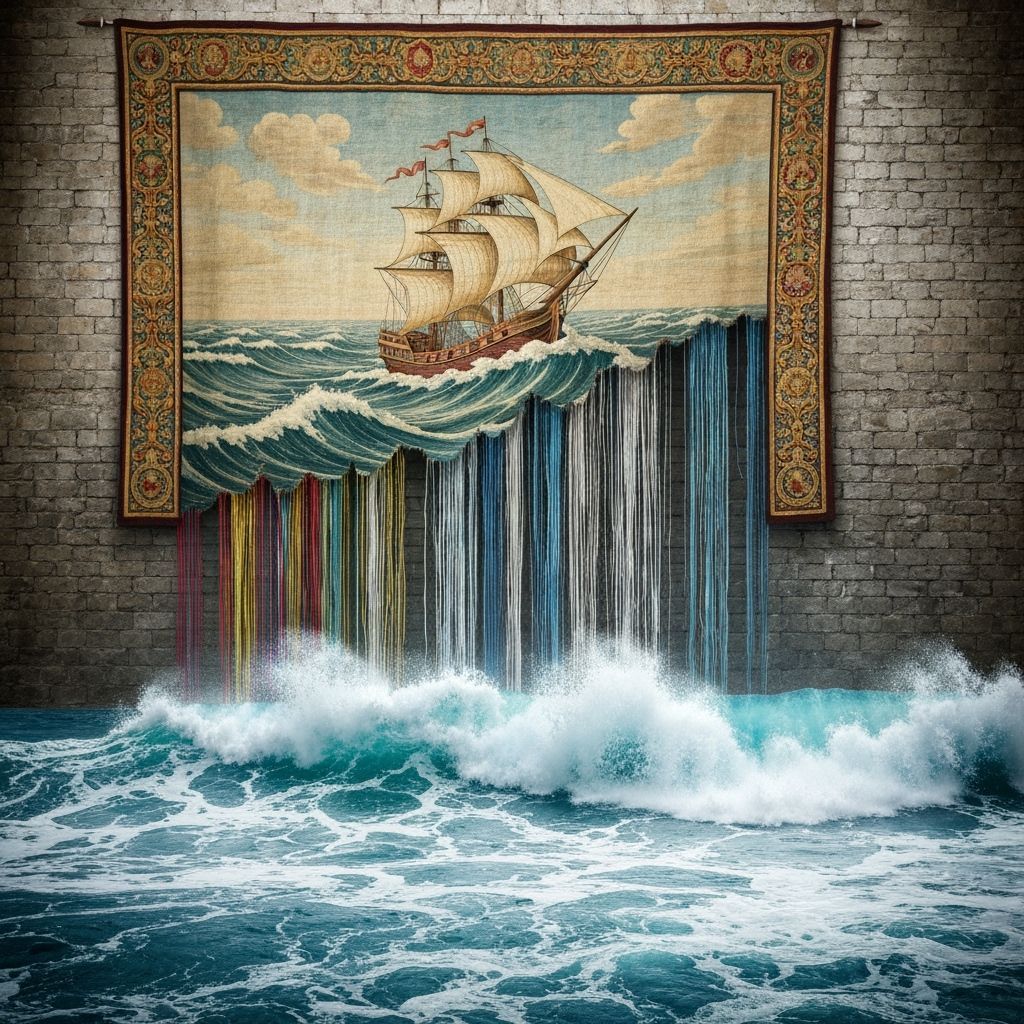 Magical Tapestry of Ship Sailing into Real Ocean Waves