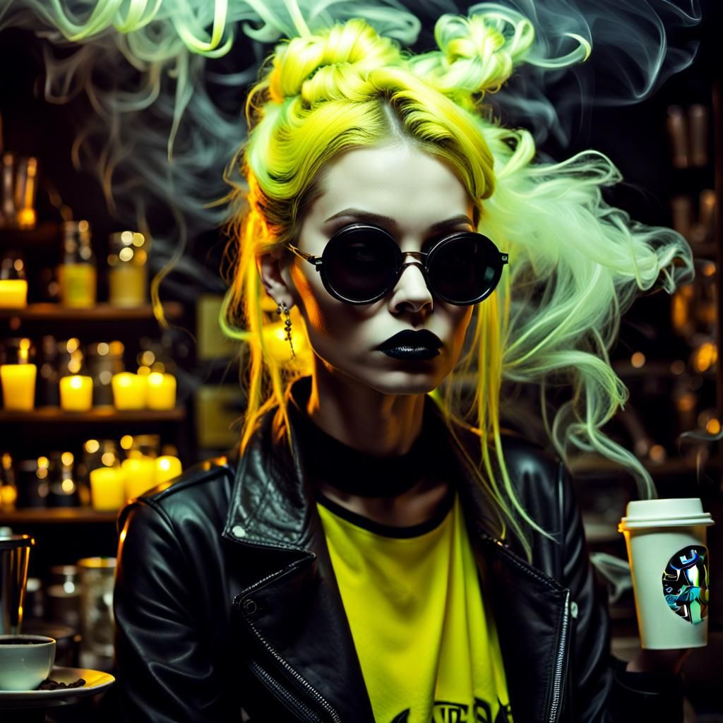 Goth Model in Neon-lit Cyberpunk Coffee Shop