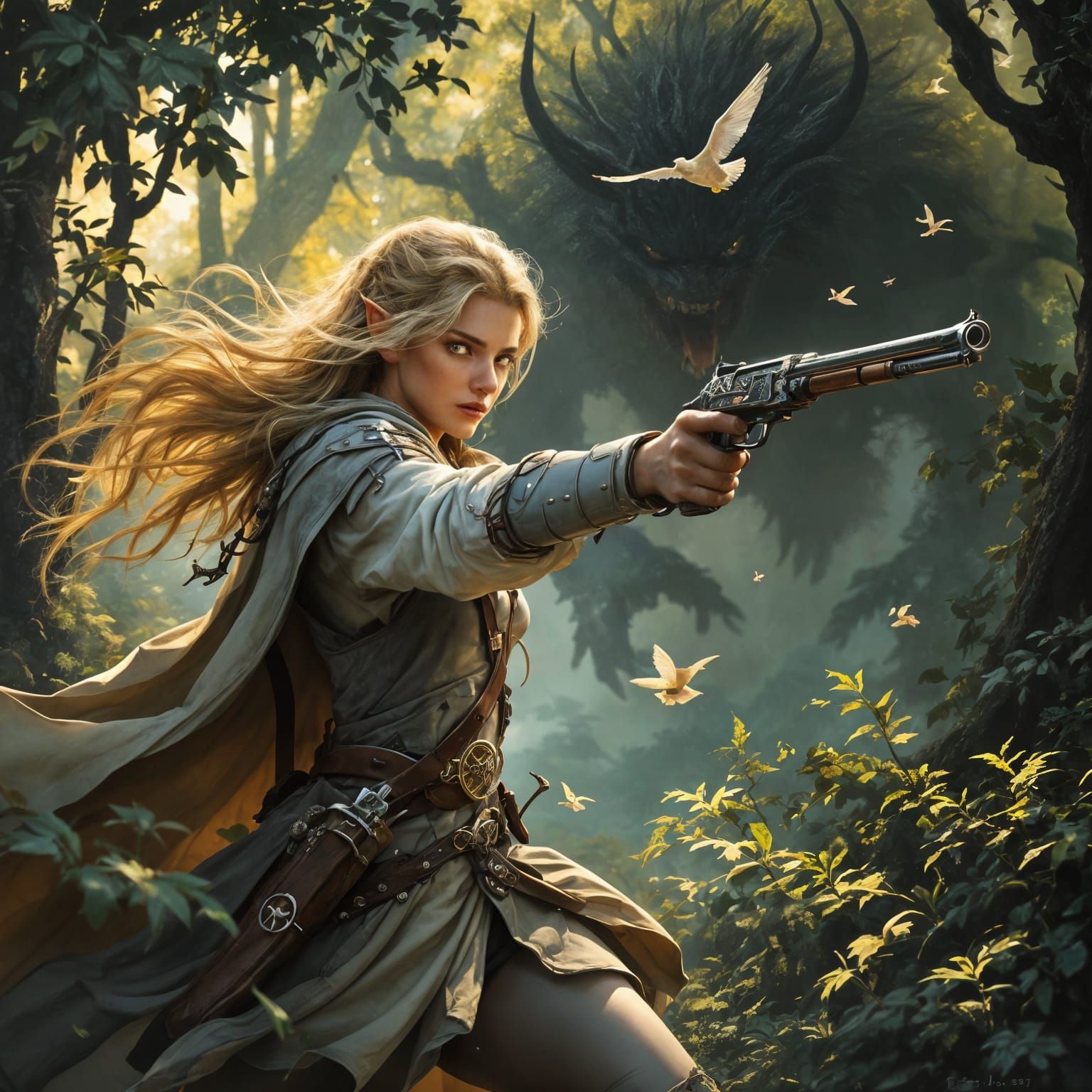 Half-Elven Ranger Battles Shadow Beast in Dawn Forest