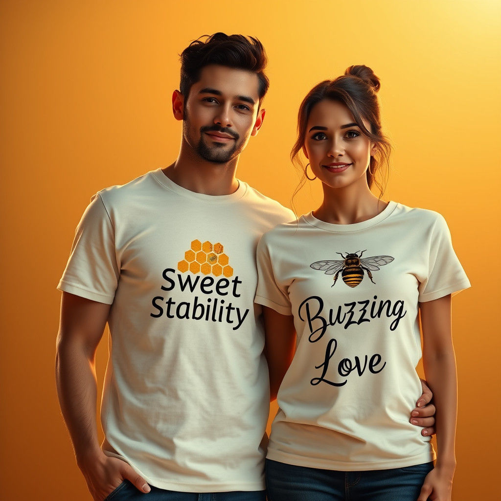 Romantic Couple in Honeycomb and Bee T-Shirts