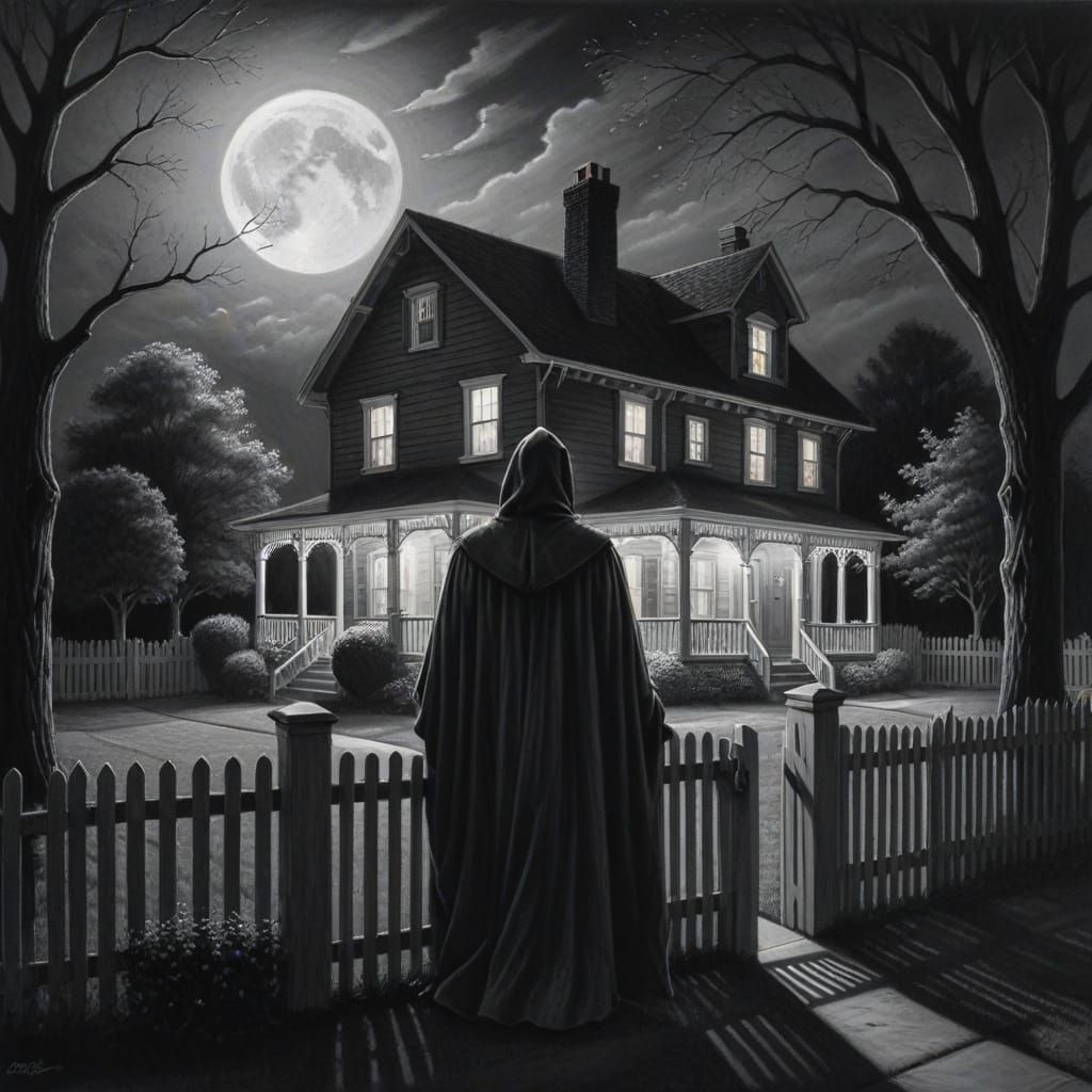 Eerie Cloaked Figure in Film Noir Charcoal Drawing