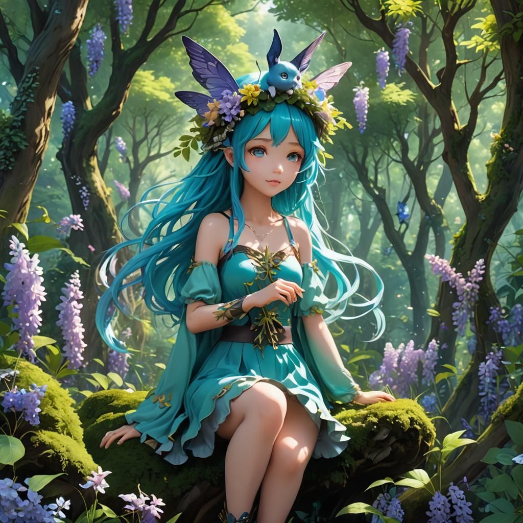 Aqua Haired Anime Fairy in Lush Forest
