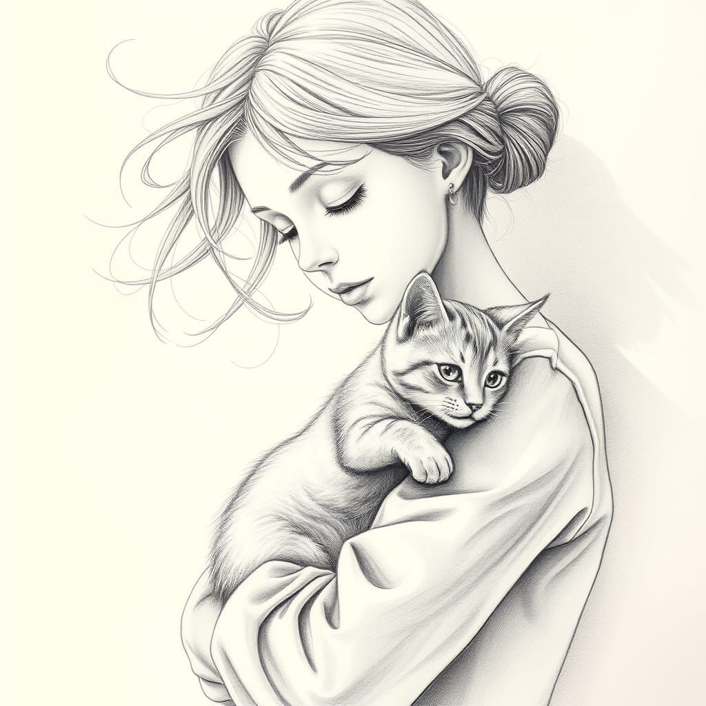 Girl Holding a Cat in a Soft Focus Pencil Drawing