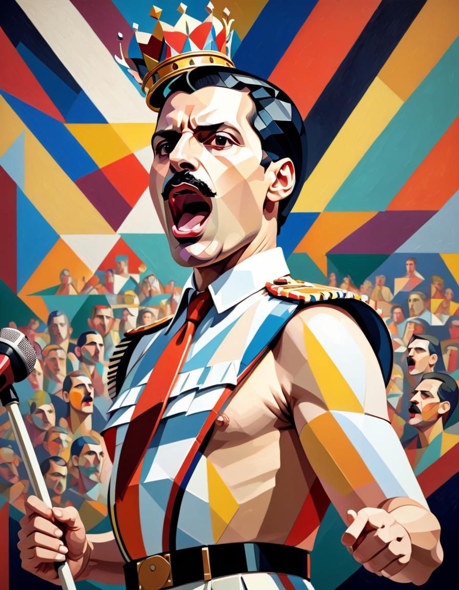 Freddie Mercury Cubist Portrait in Art Deco Style