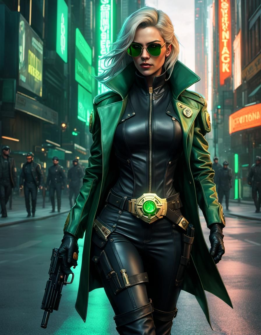Female Cybercop Portrait in Neon Cityscape