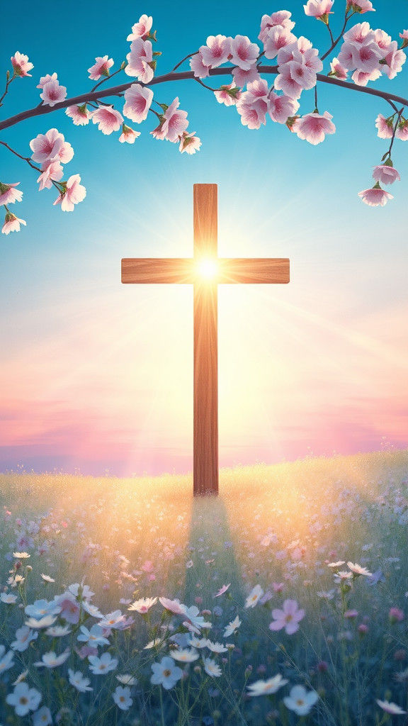 Radiant Cross in Lush Meadow with Wildflowers