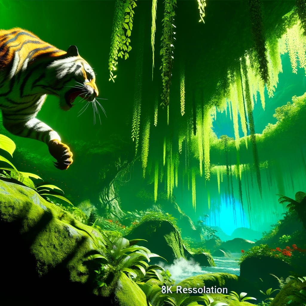 Majestic Tiger Prowls Jungle in Matte Painting Style