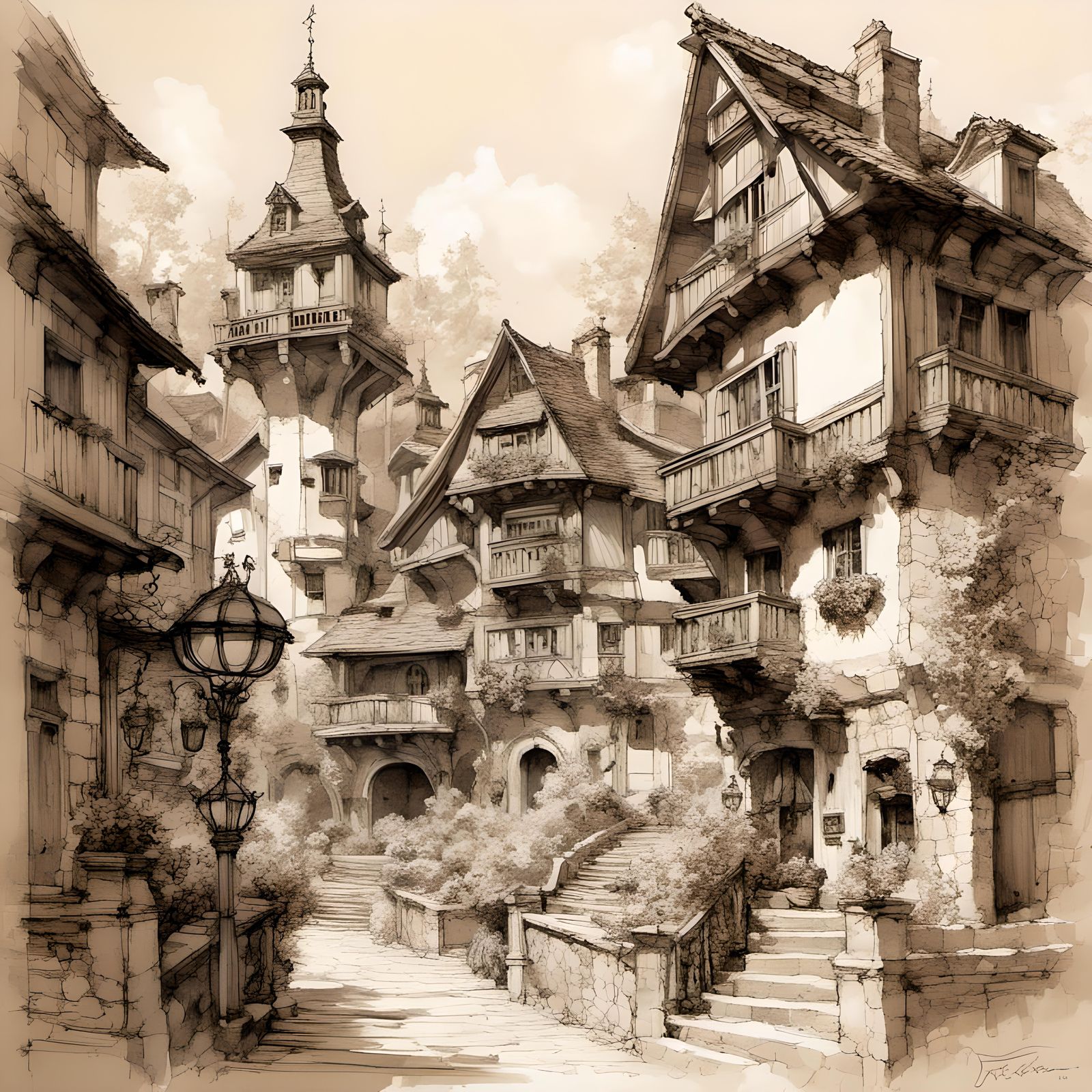 Detailed Architectural Sketch of Black Forest Village