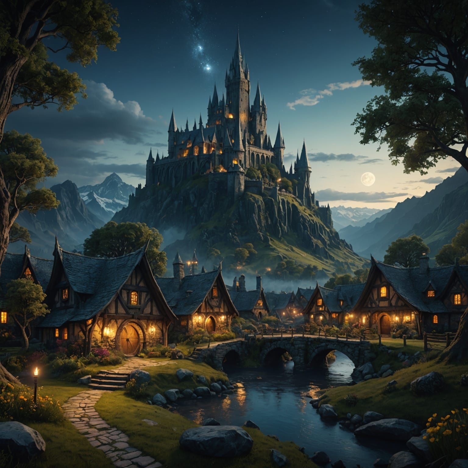 Fantastical Middle Earth Night in Detailed Matte Painting