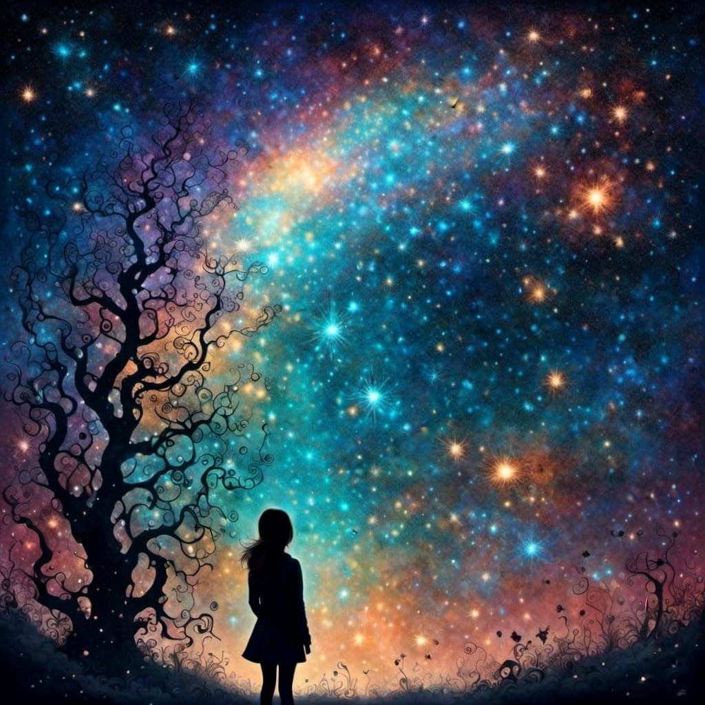 Girl Gazing at Starry Crystal Nebula Wonderland