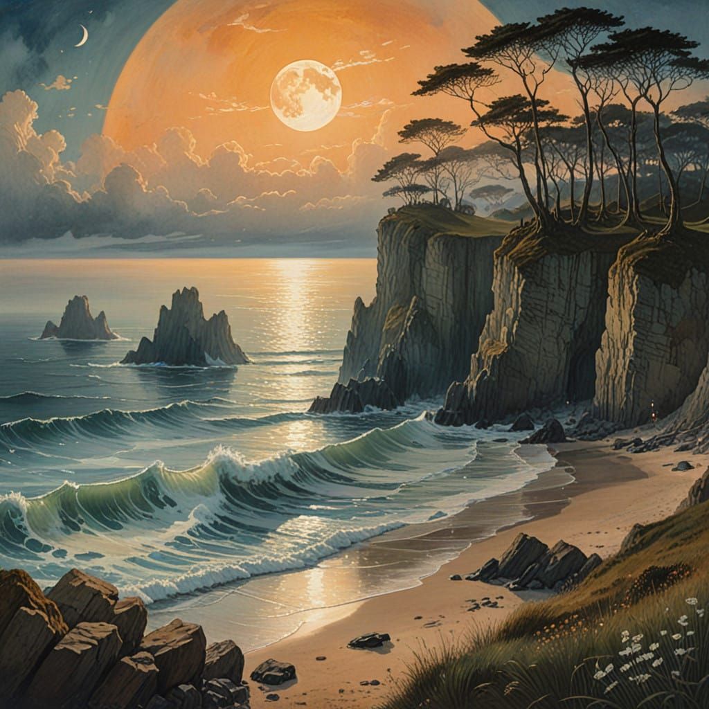 Ethereal Coastal Fantasy in Whimsical Watercolor Style