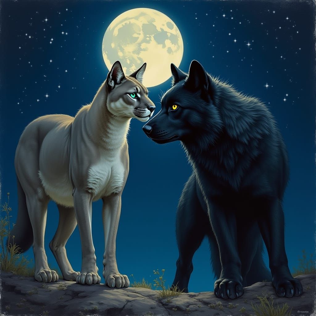 Moonlit Puma and Wolf Share a Moment of Quiet Companionship