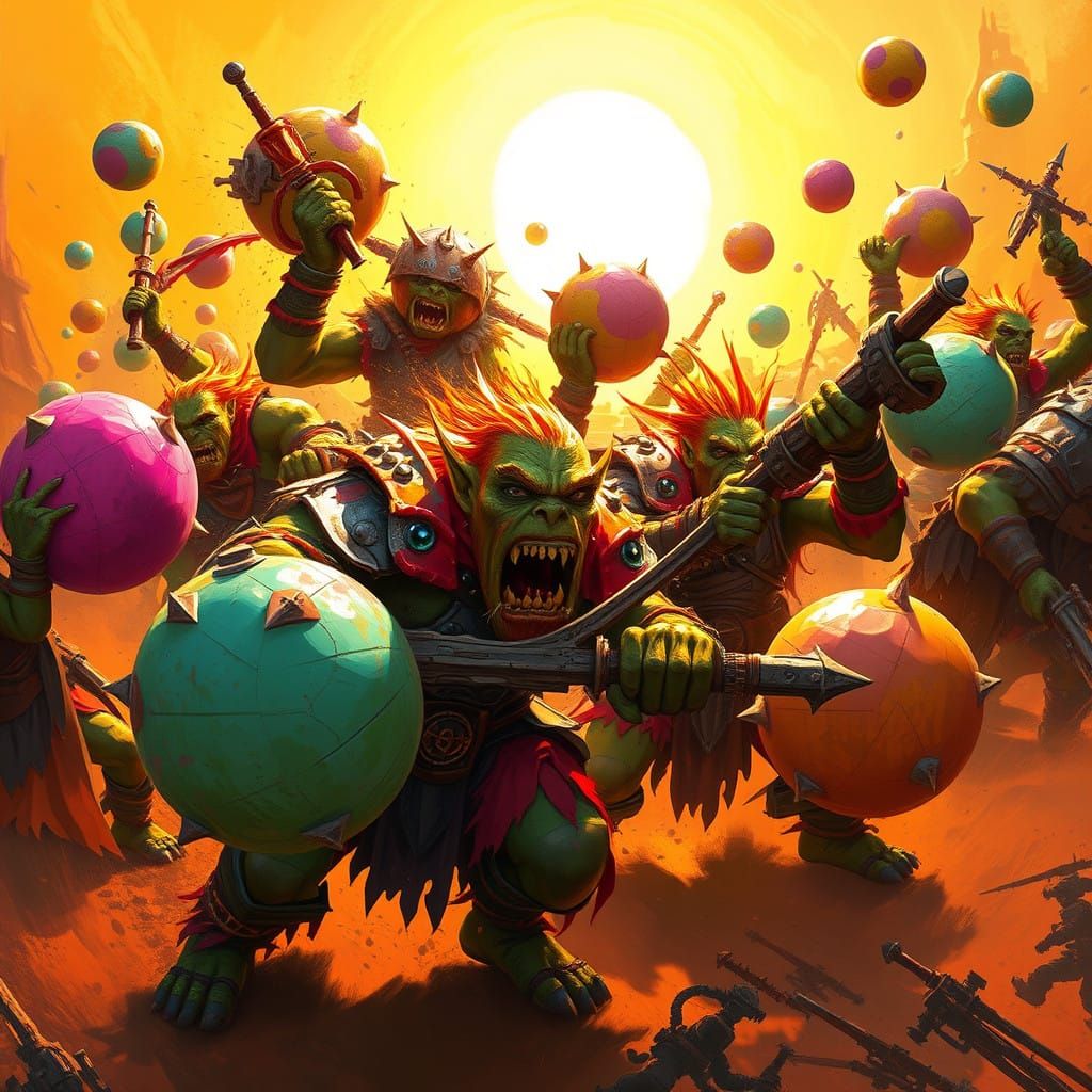 Vibrant Orcs Battle in a Sun-Drenched, Dreamlike Landscape w...