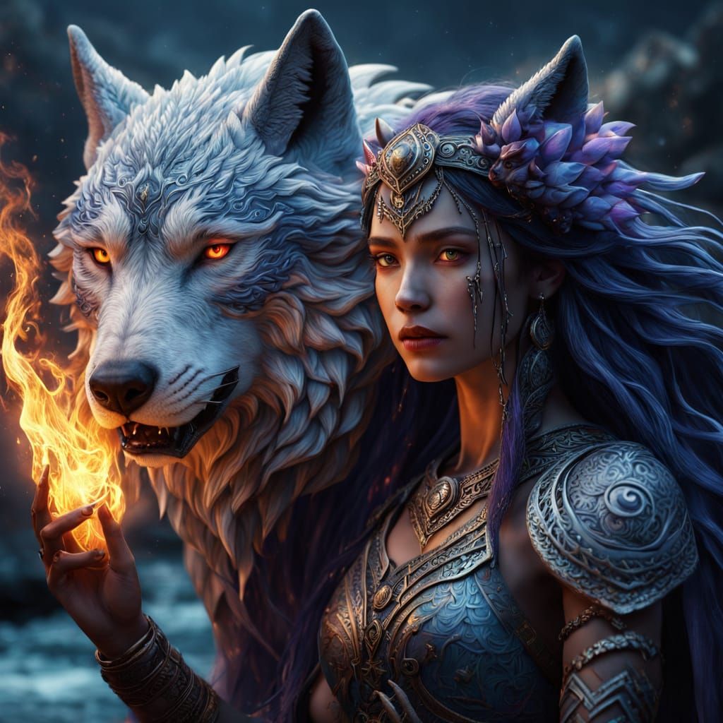 Goddess-Warrior and Fire Wolf on Mystical Shore