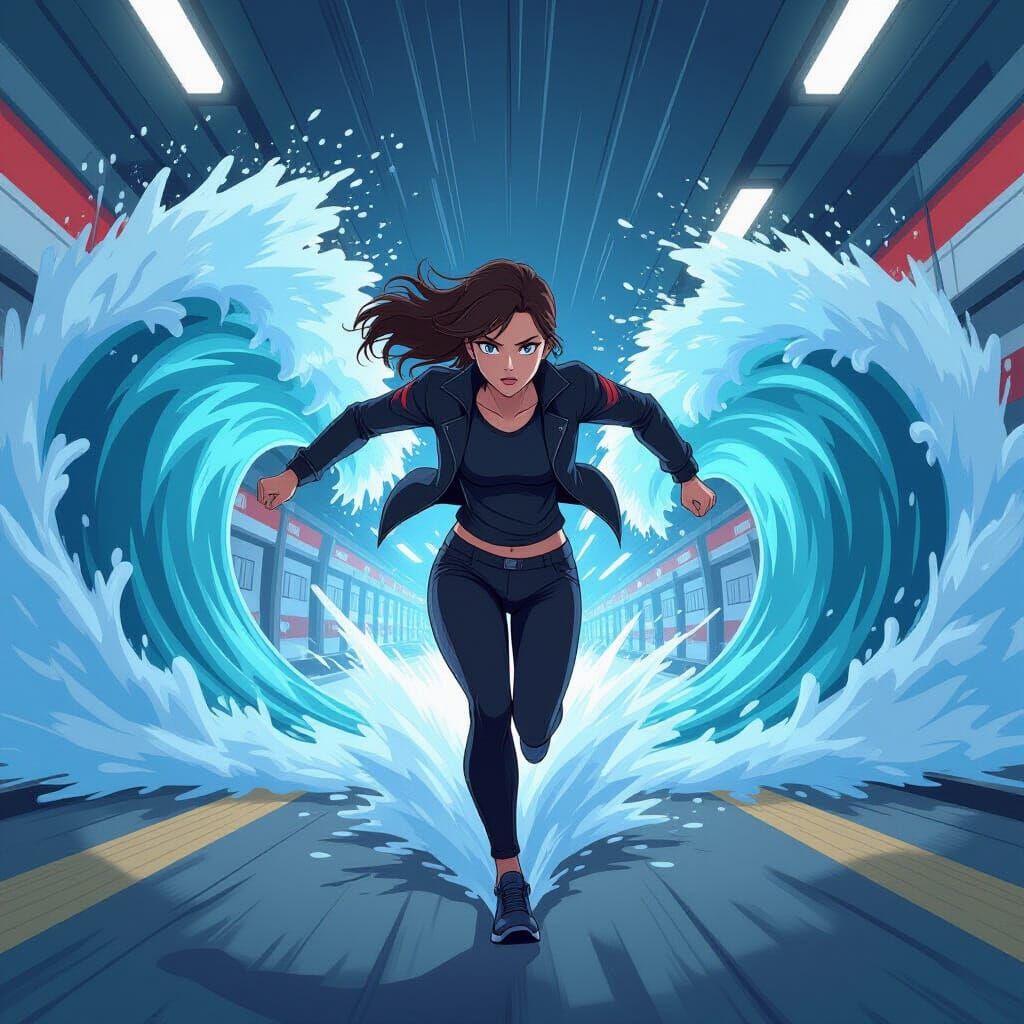 Anime Woman Escaping Subway Flood in Manga Style