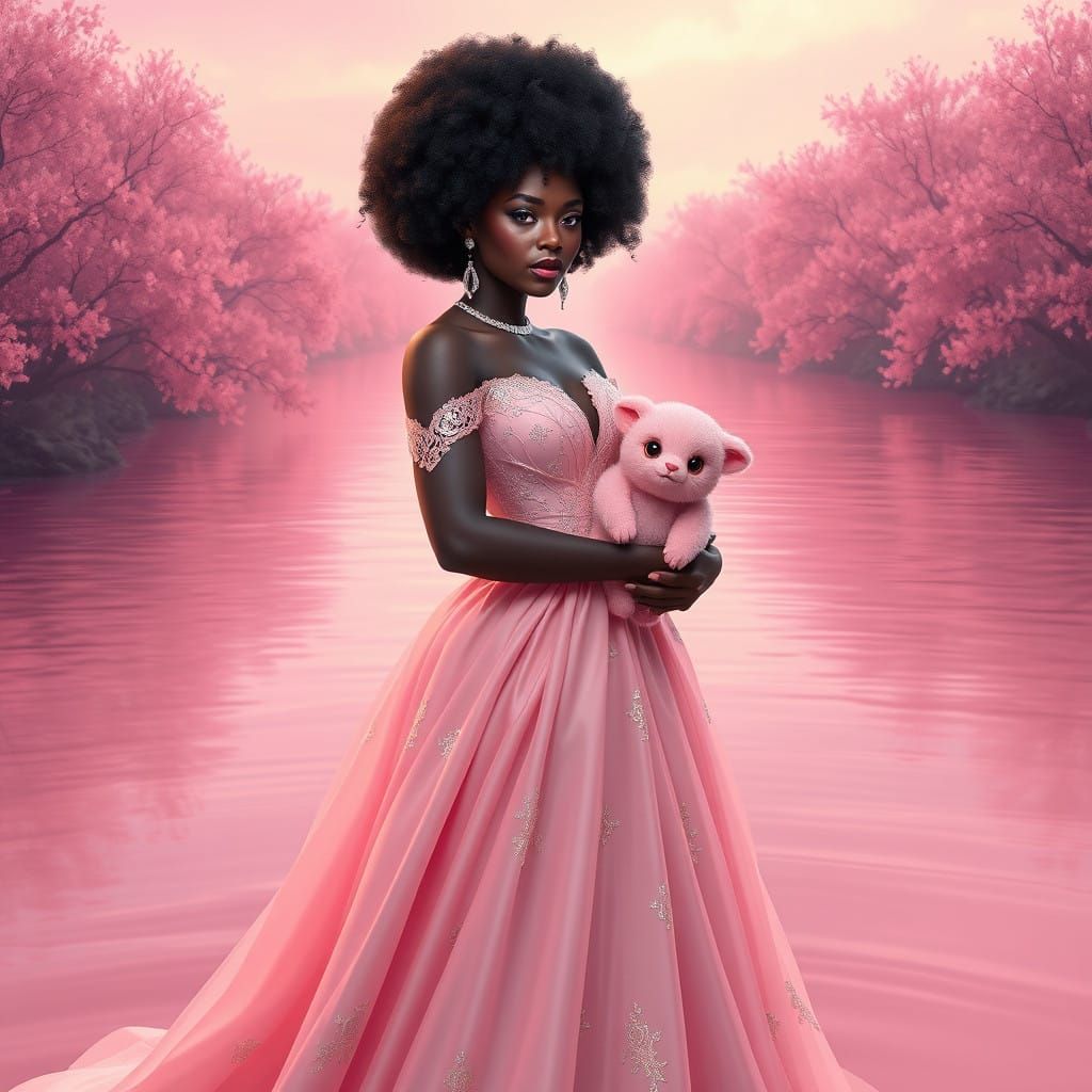 Regal Black Woman in Tranquil Pink River