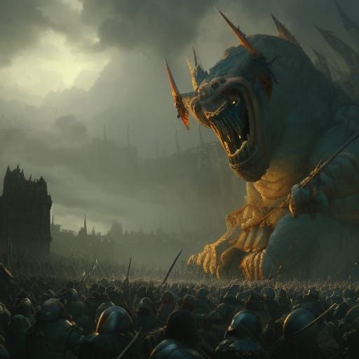 Epic Medieval Army vs. Giant Troll in Dark Fantasy Style