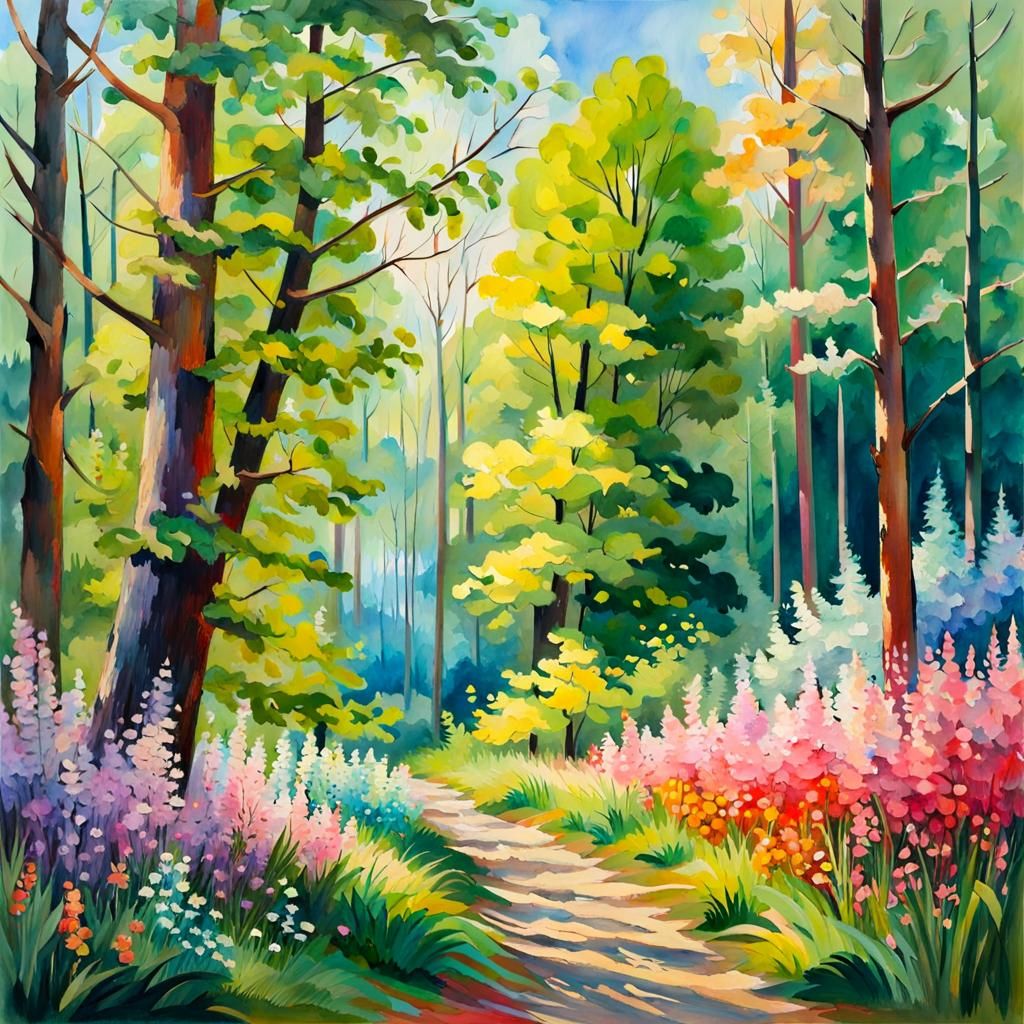 Spring Forest in Gouache and Watercolor Style