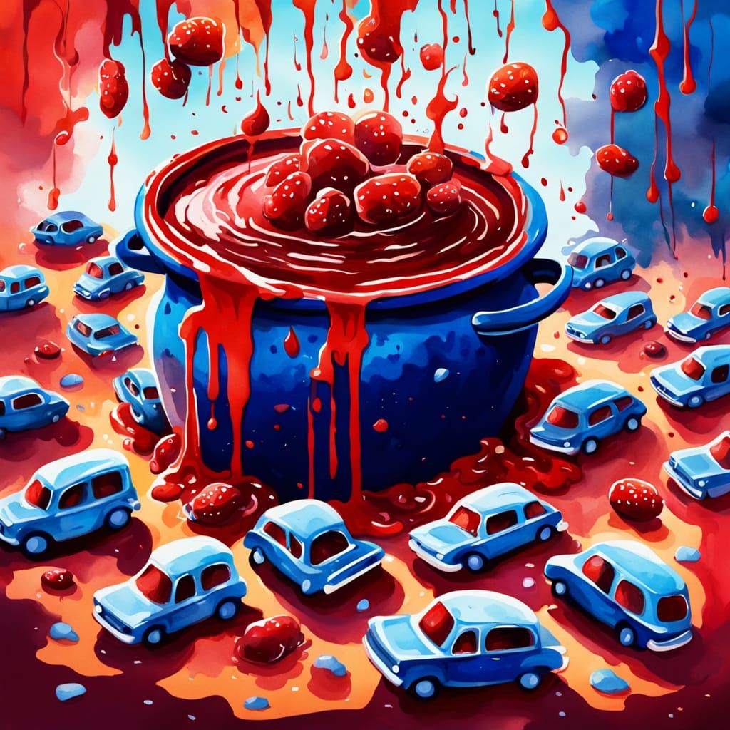 Surreal Jam Spill Traffic in Watercolor Style