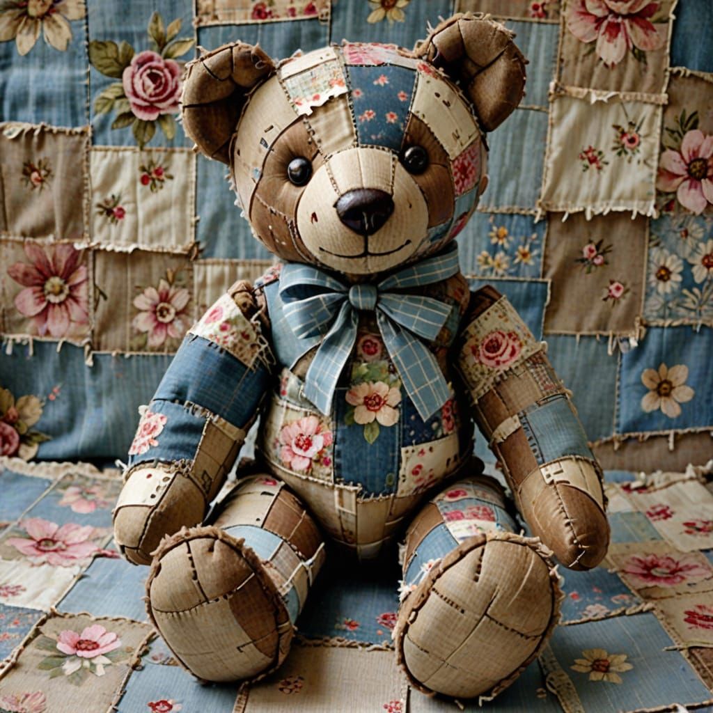 Vintage Patchwork Teddy Bear in Worn Blue Boot