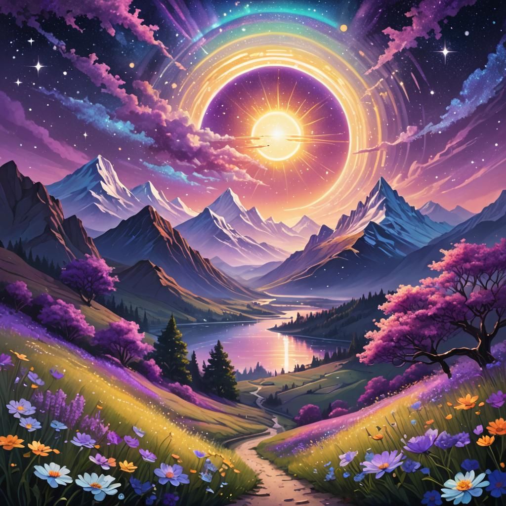Iridescent Fantasy Landscape with Aurora Borealis
