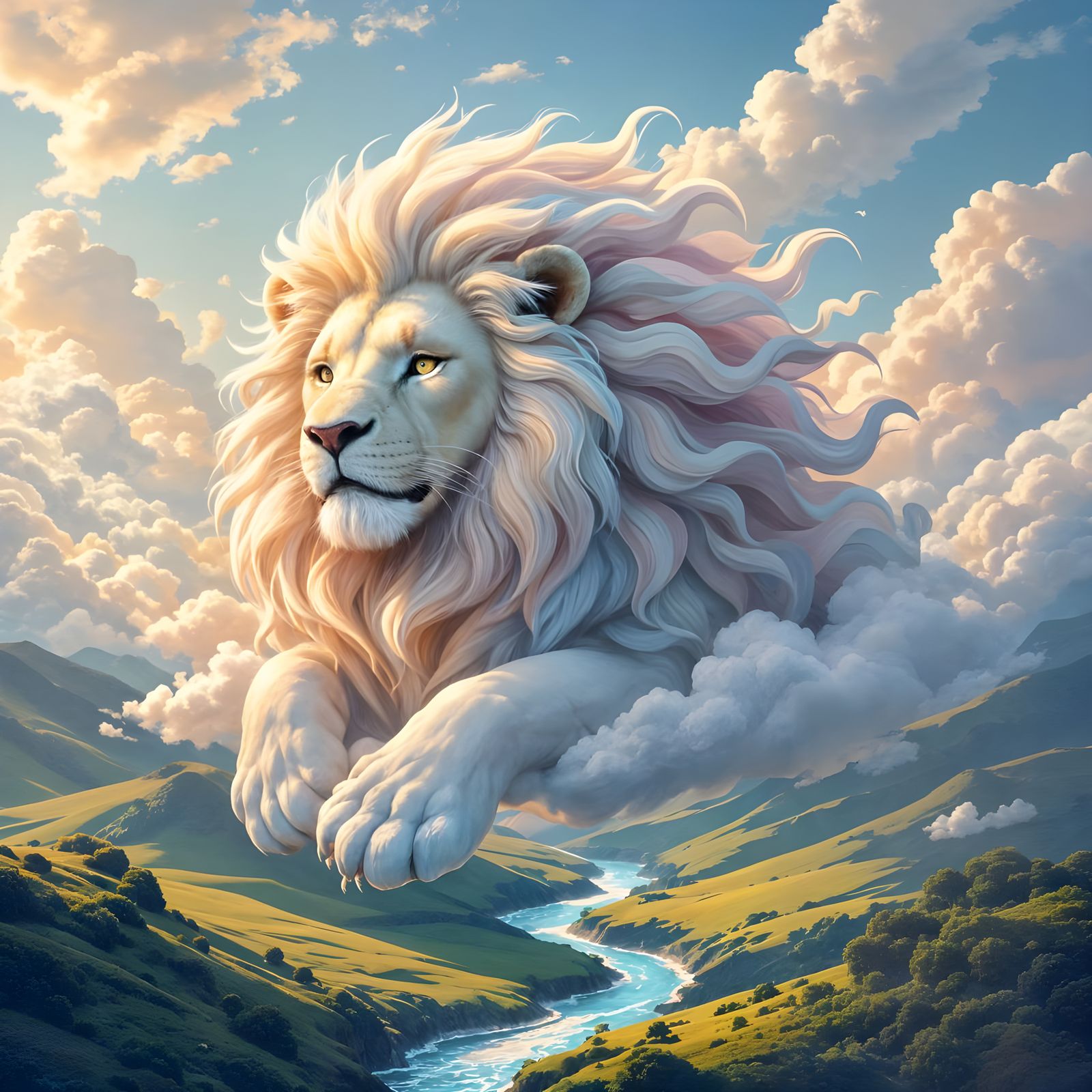 Cloud Lion Floats Over Dreamy Landscape, Digital Art