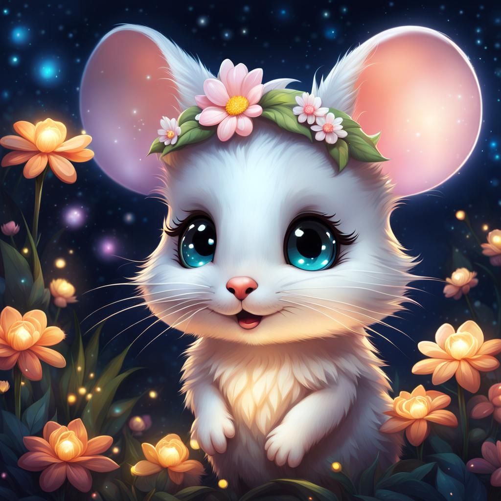Adorable Chibi Mouse with Sparkles and Flowers