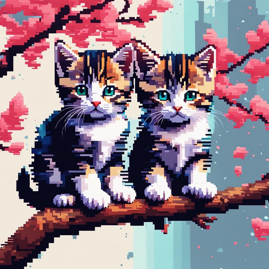 Cute Kittens on Branch in Impressionistic Glitchcore Style