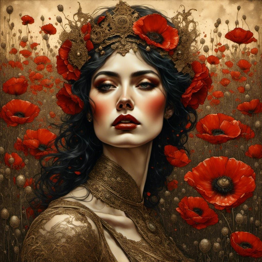 Feminine Warrior in Poppy Field: Symbolist Oil Painting
