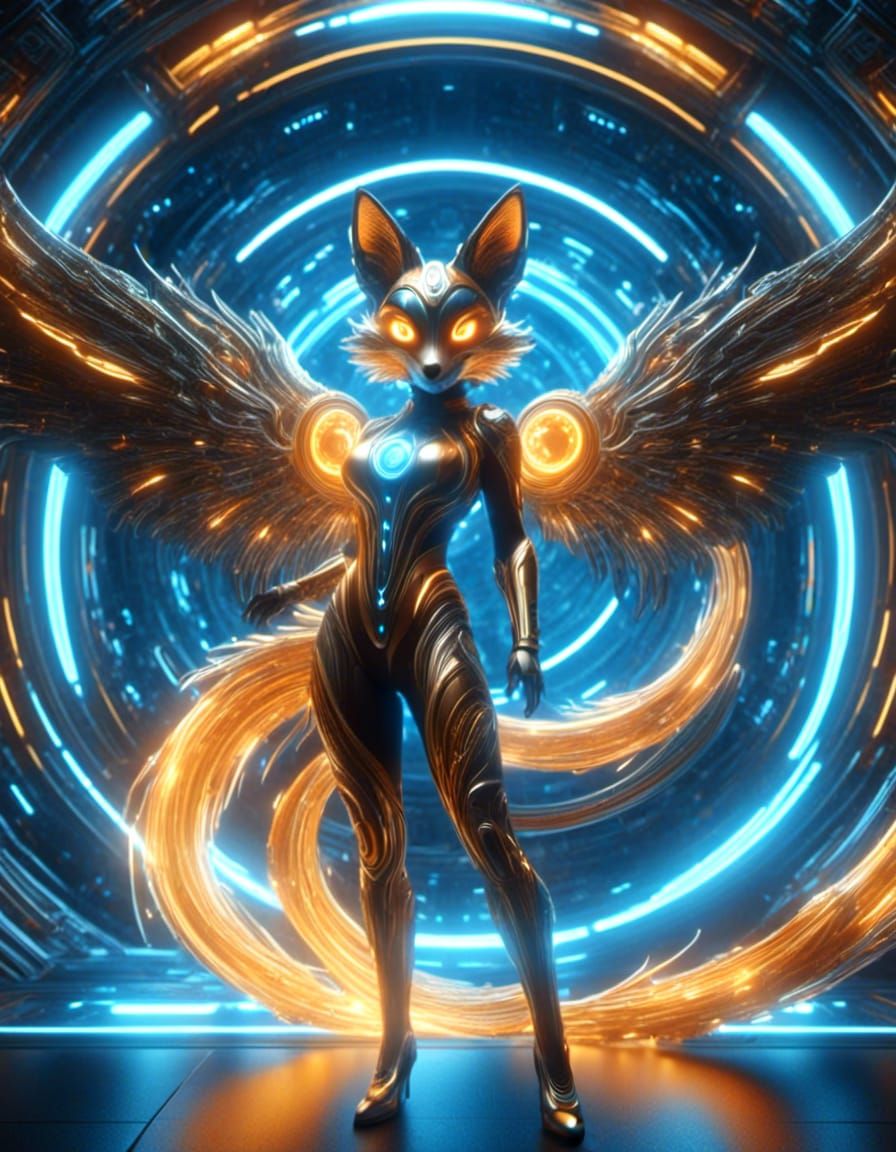 Female winged kitsune, orange white, and brown, standing in front of a sci-fi machine portal. <lora:funneling:1.0> <lora...