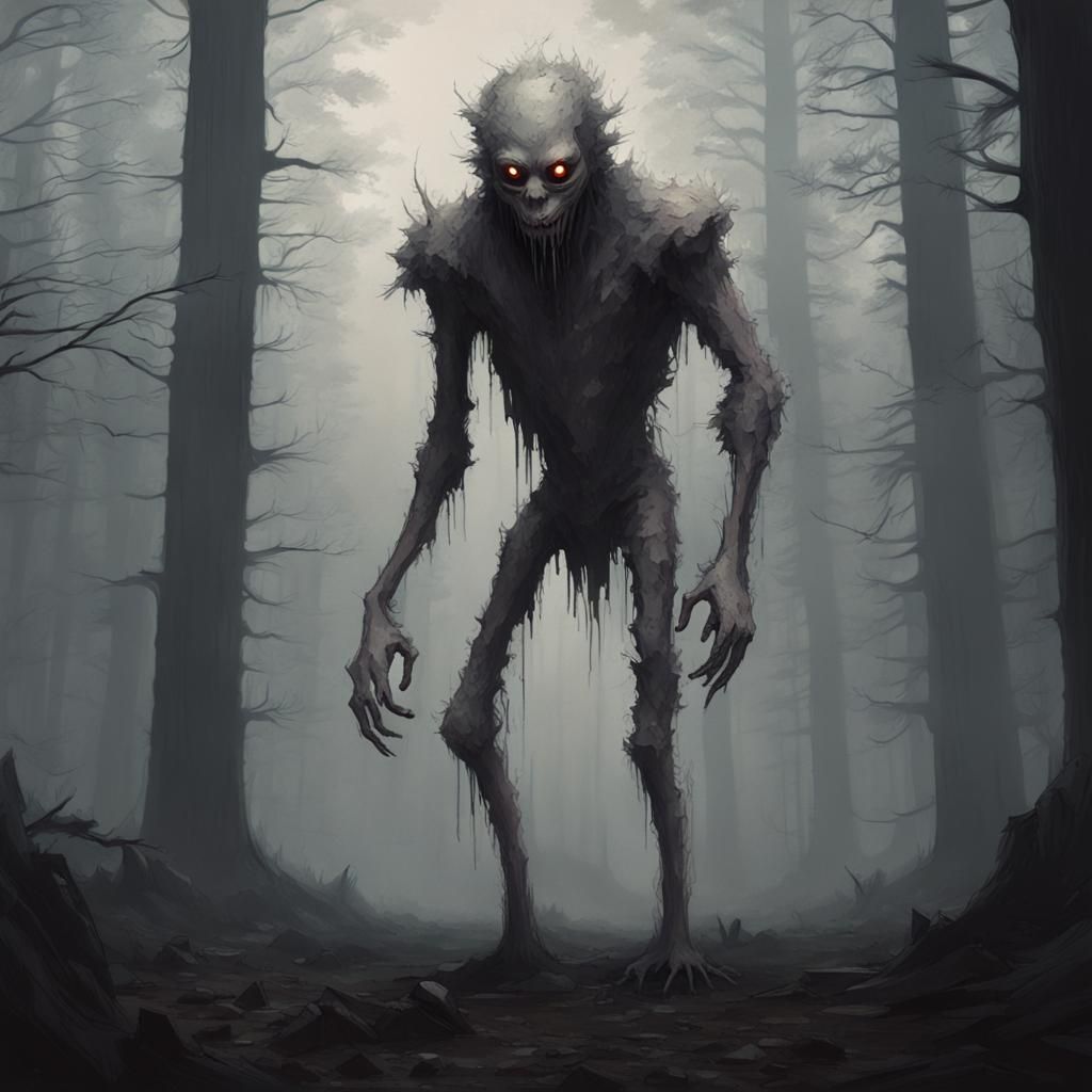 Sinister Pale Monster in Foggy Forest