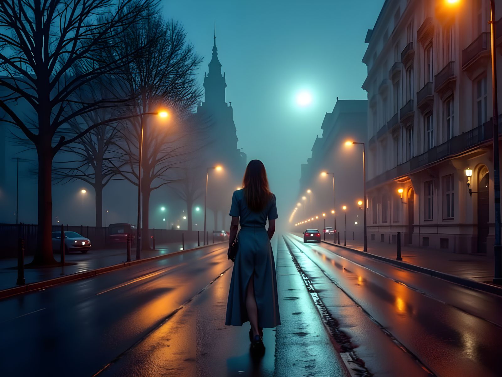 Solitary Woman on Rainy Parisian Boulevard in Ethereal Fog