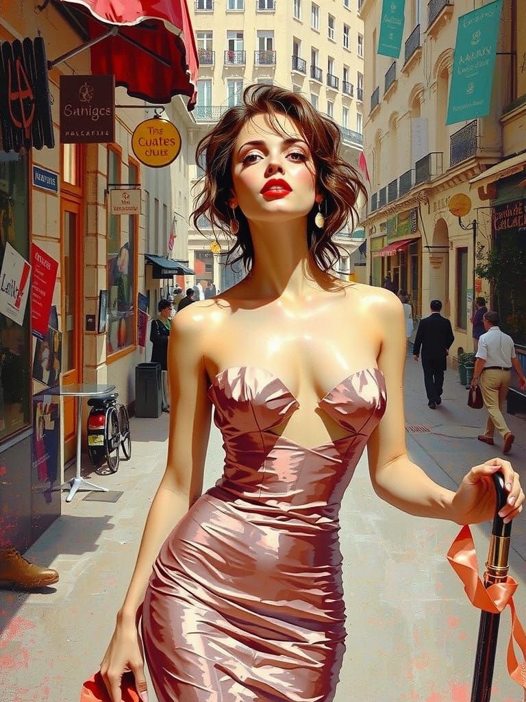 Elegant Woman in Paris Street, Encrustique Impressionism