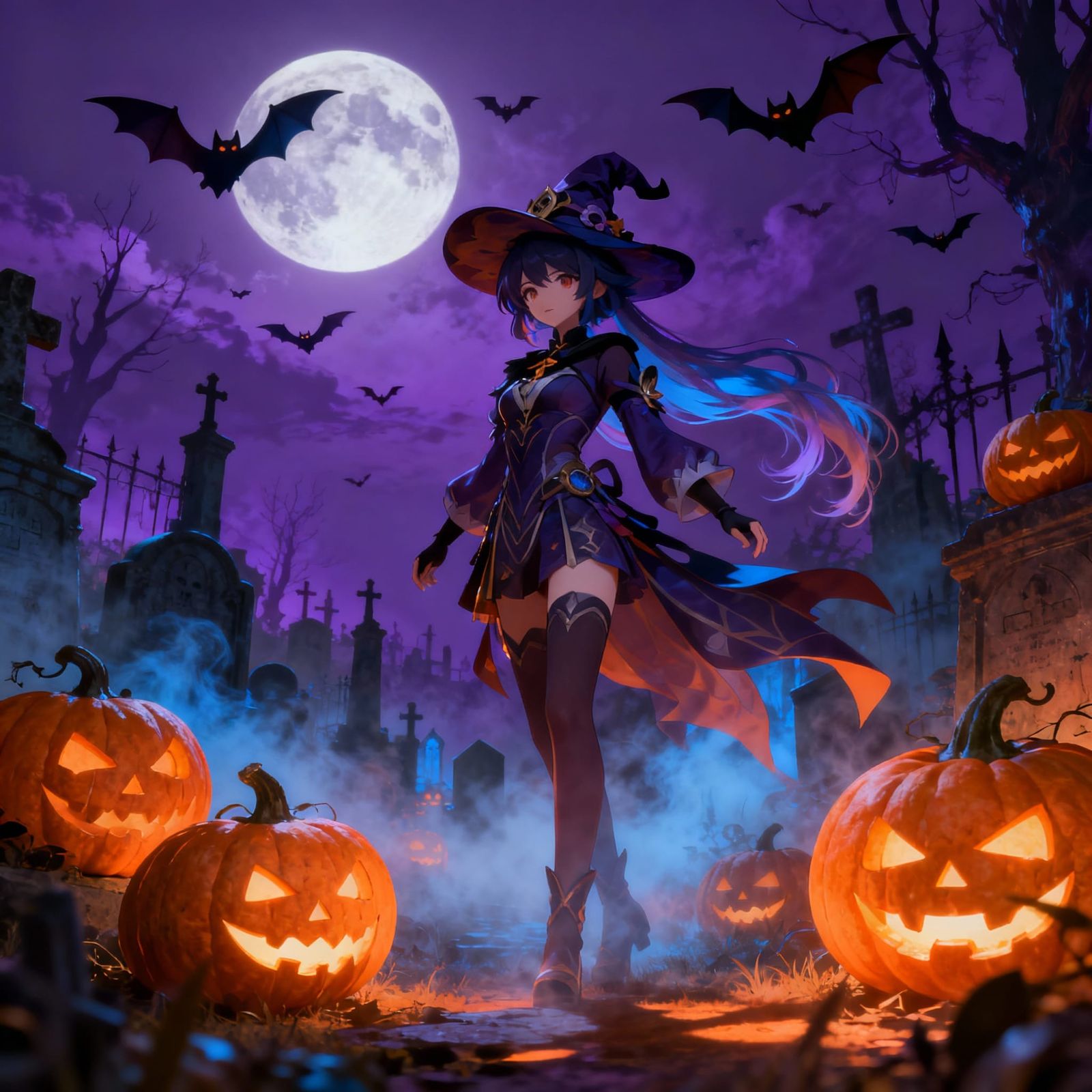 Eerie Halloween Night in Vibrant 3D Anime Style