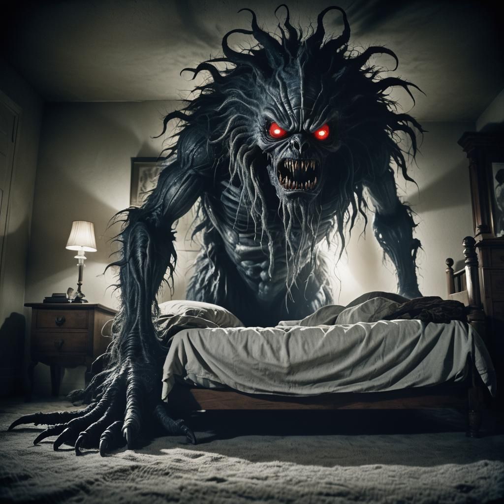 Fuzzy Monster Hiding Under Bed in Film Noir