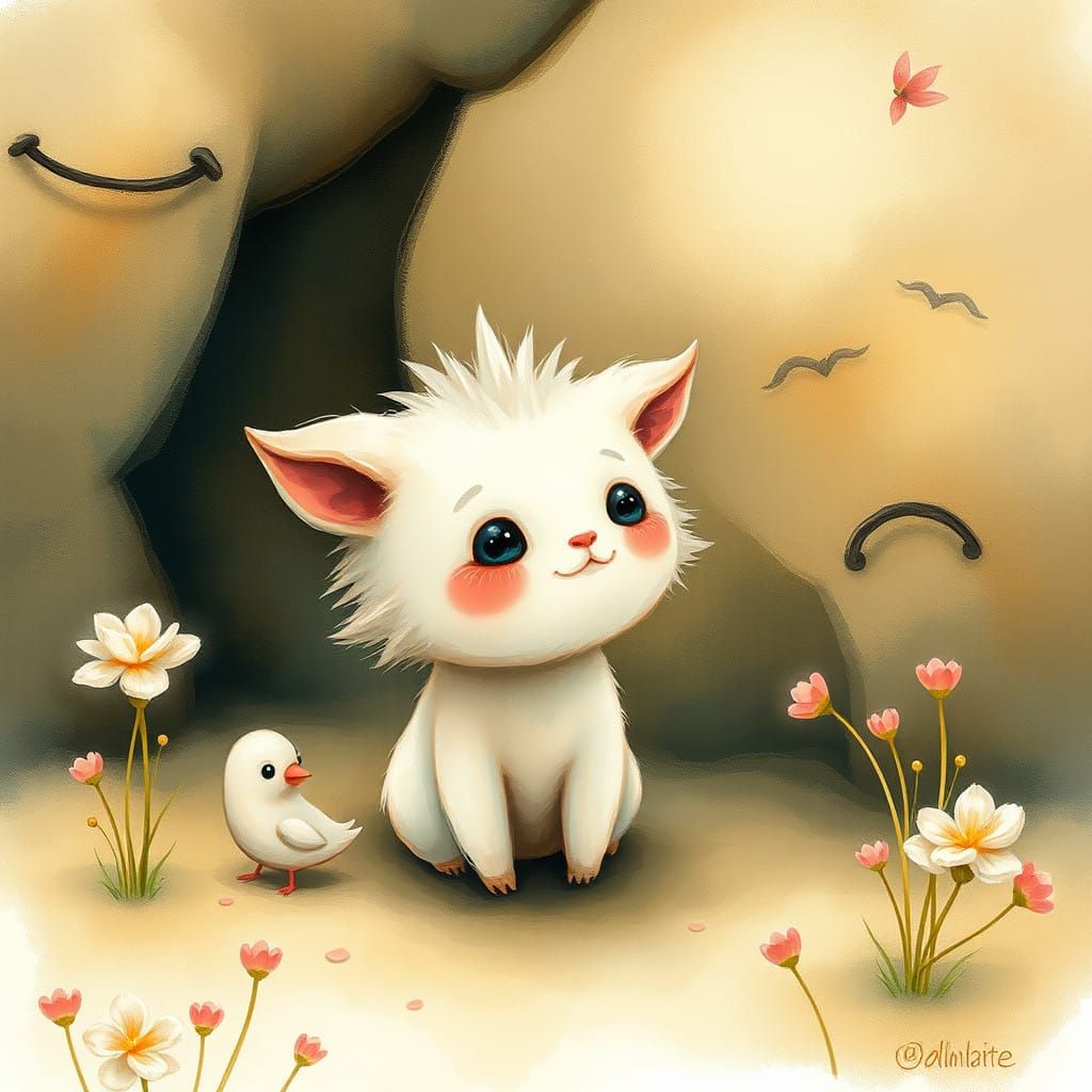 Adorable Surreal Creature in Dreamlike Watercolor Setting