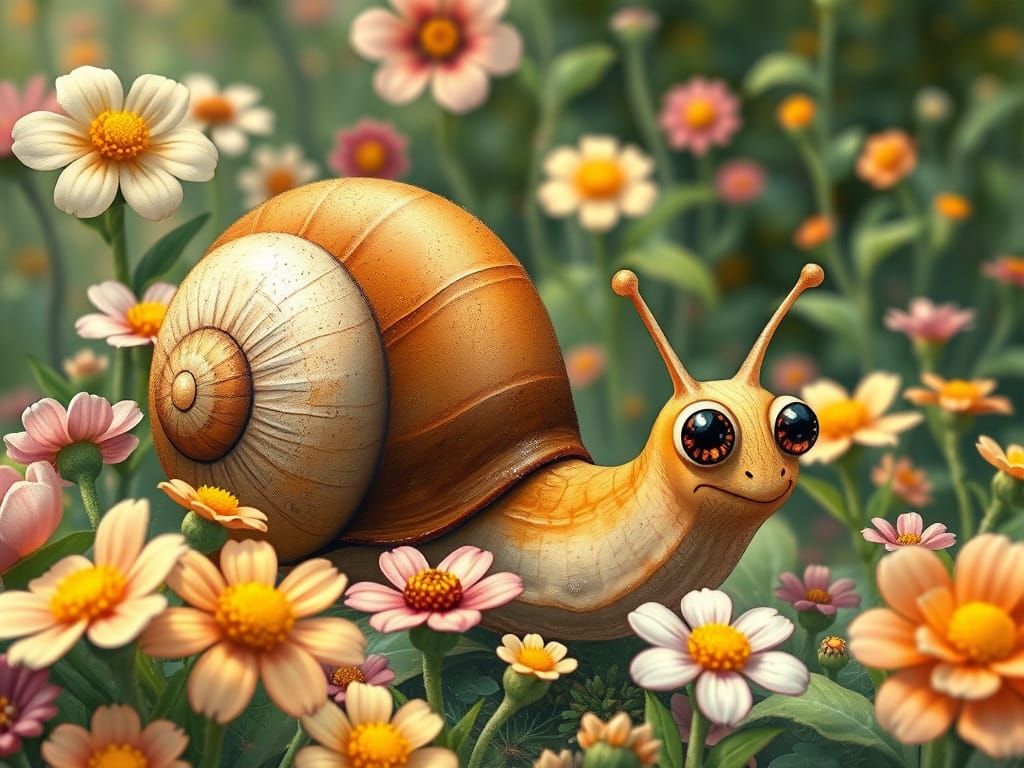 Enthusiastic Snail Explores a Vibrant Garden