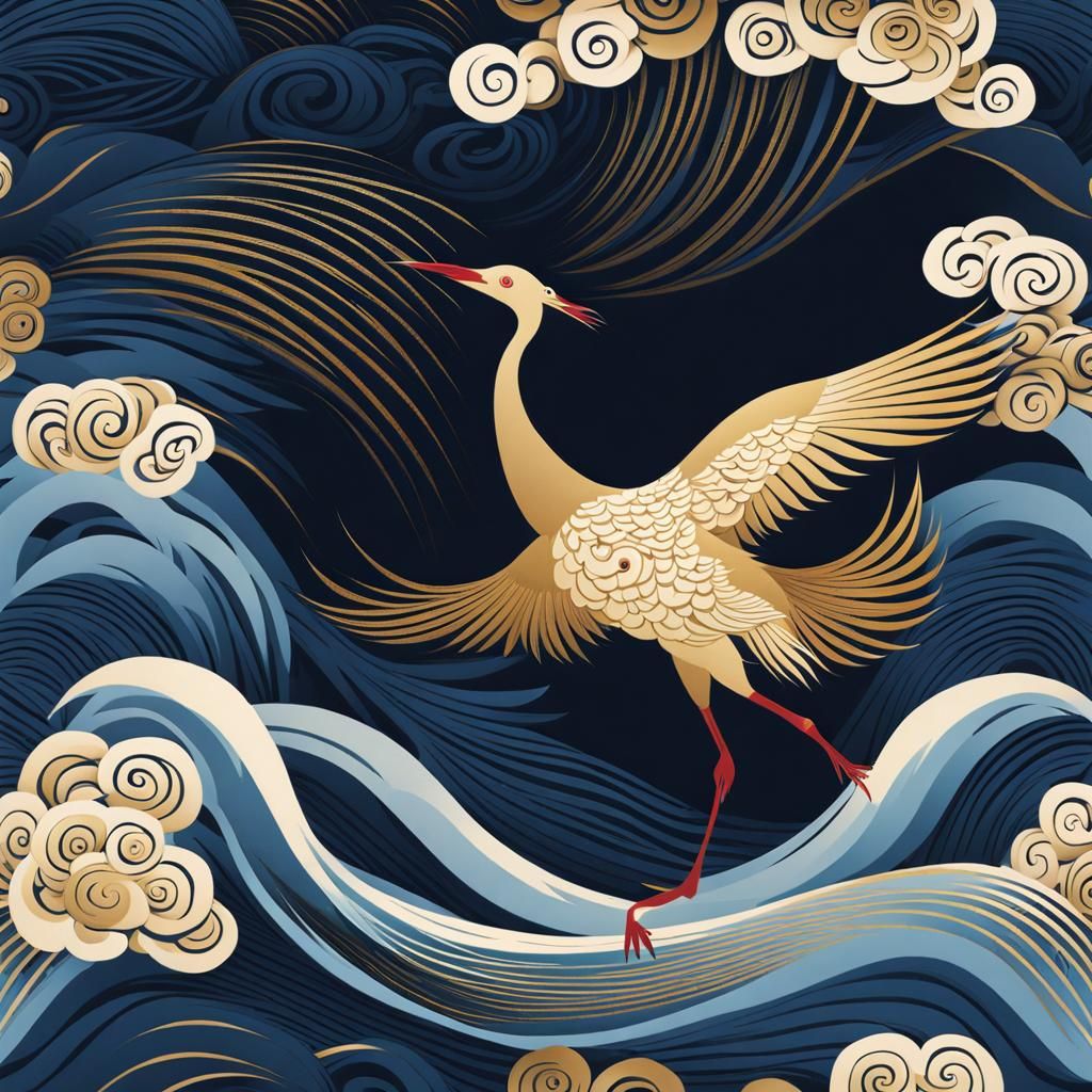 Elegant Crane Soaring Above Turbulent Seas: Asian Art
