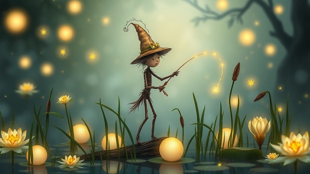 Whimsical Stick Pixie in Glowing Forest Scene