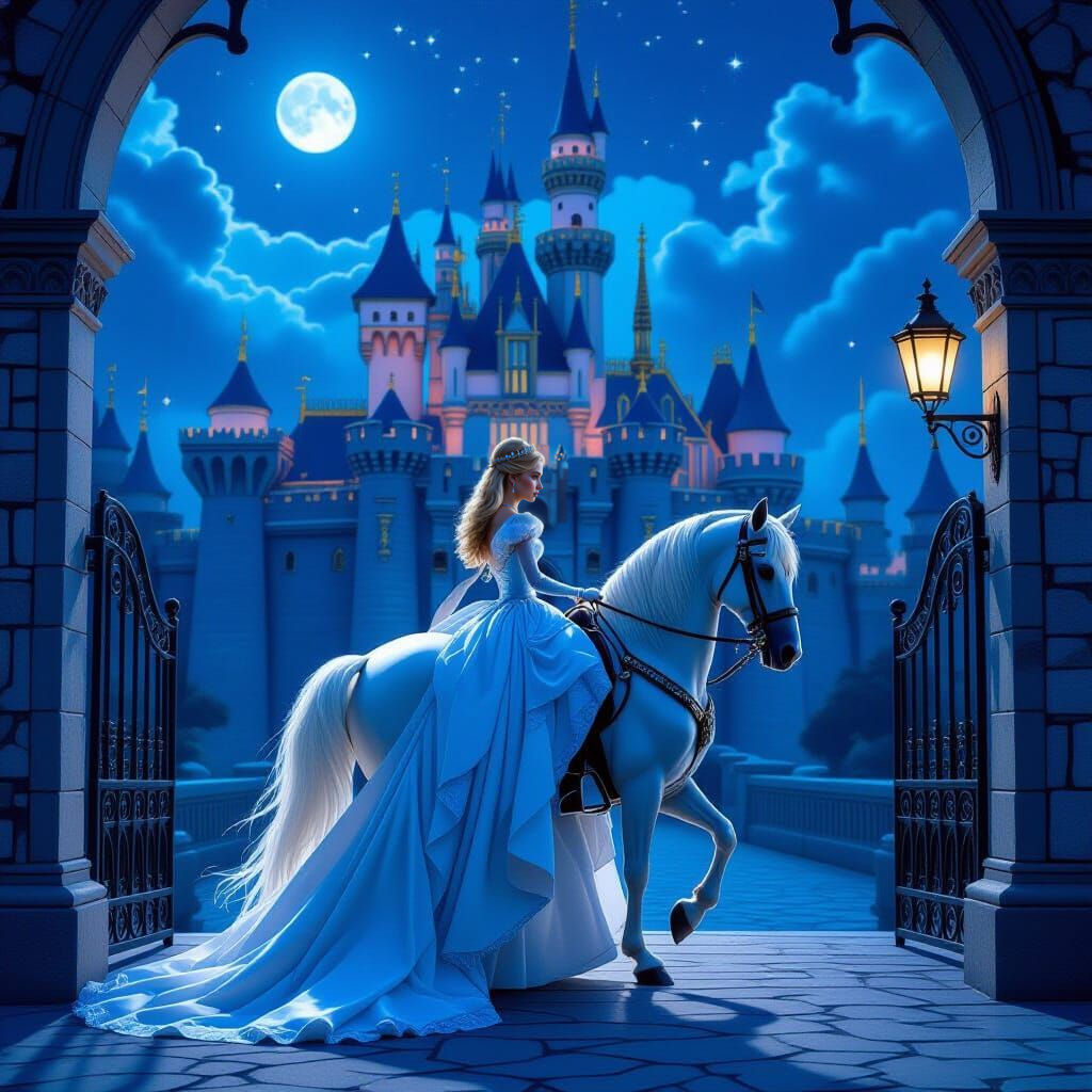 Cinderella Arriving at Castle on White Horse