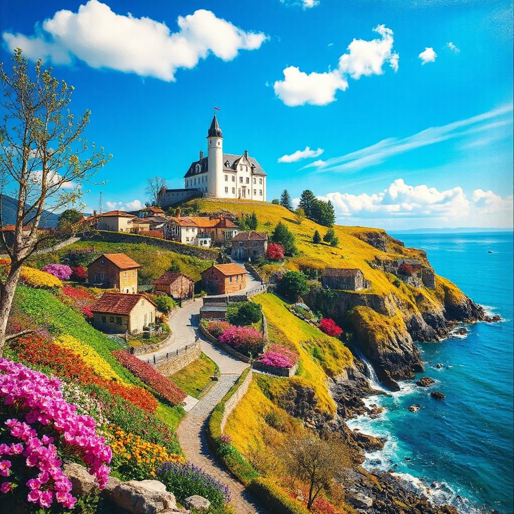 Vibrant Village on a Hilltop in Spring