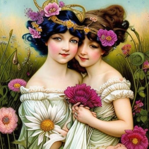 Chibi Girls Holding Hands in Art Nouveau Style