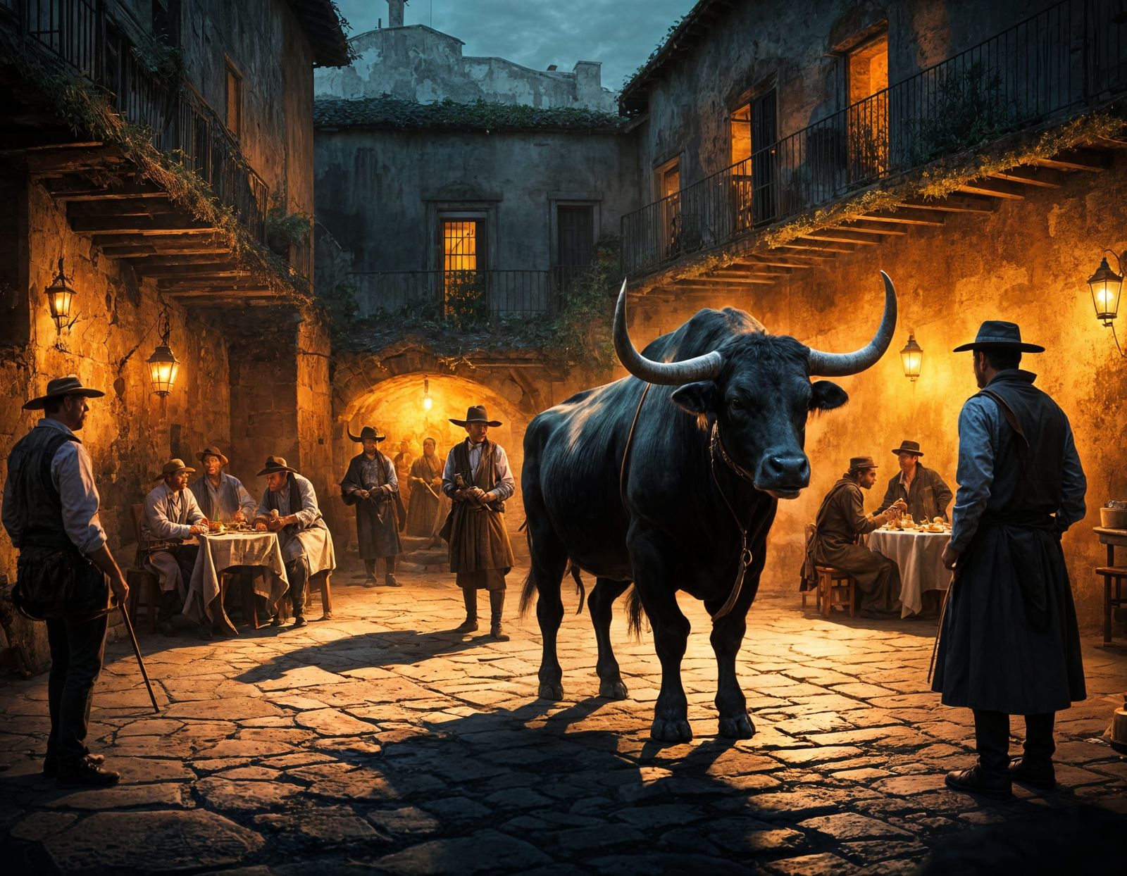 Casual Dinner Guests Poking a Bull with Lances in a Colorful...