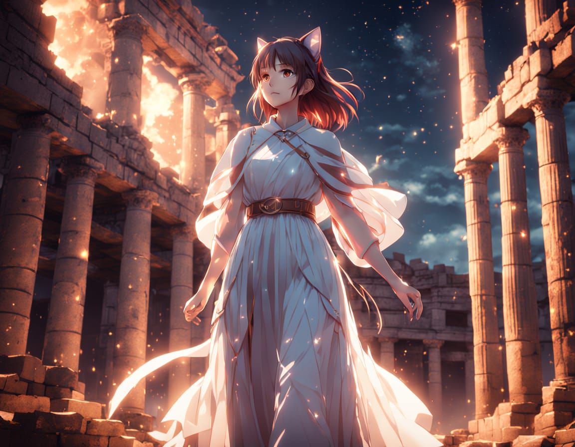 Ancient Greek Goddess of Night in Anime-Inspired Ruins