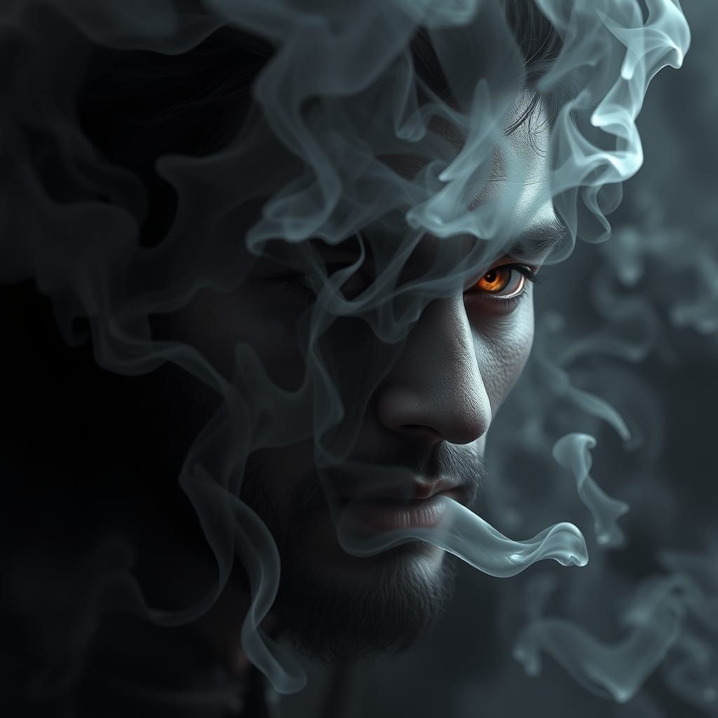 Ethereal Smoke Portrait in Deep, Intricate Grayscale