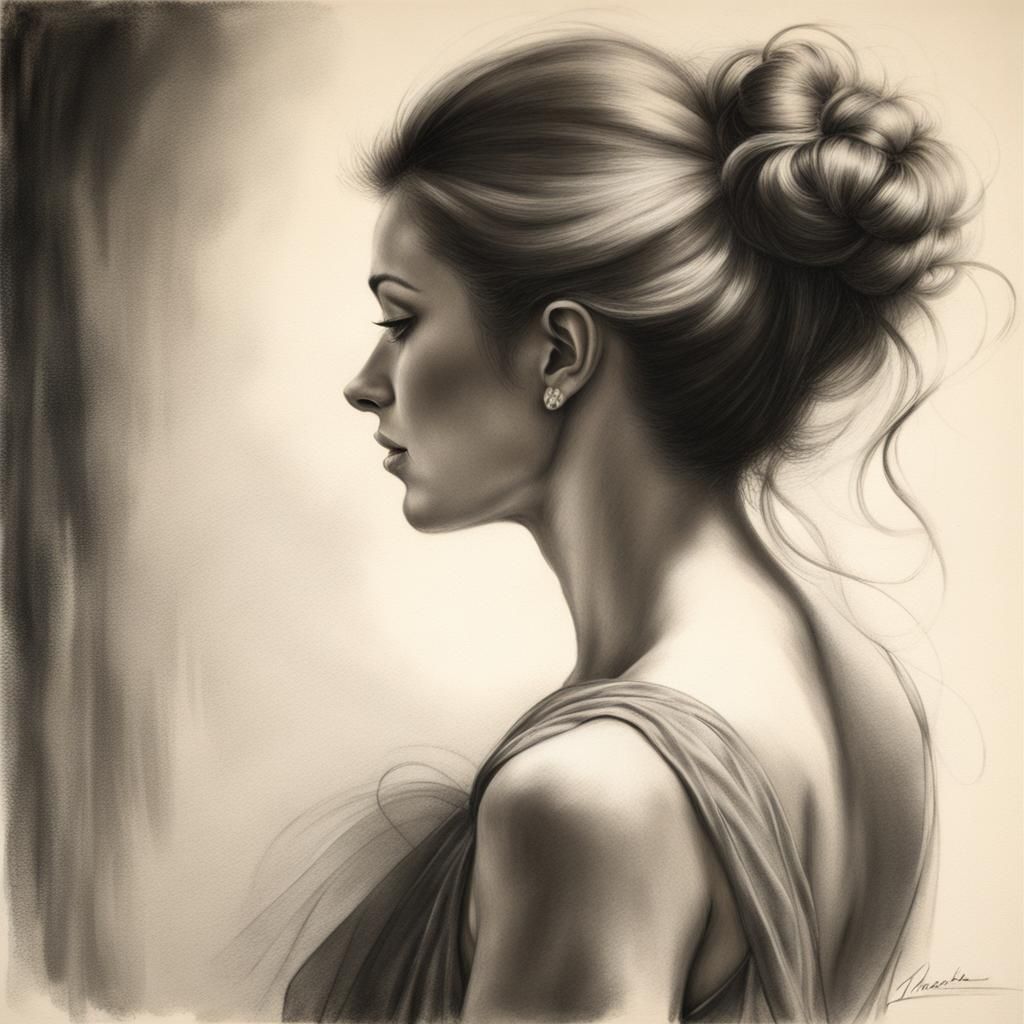Elegant Woman in Backless Gown: Charcoal Drawing
