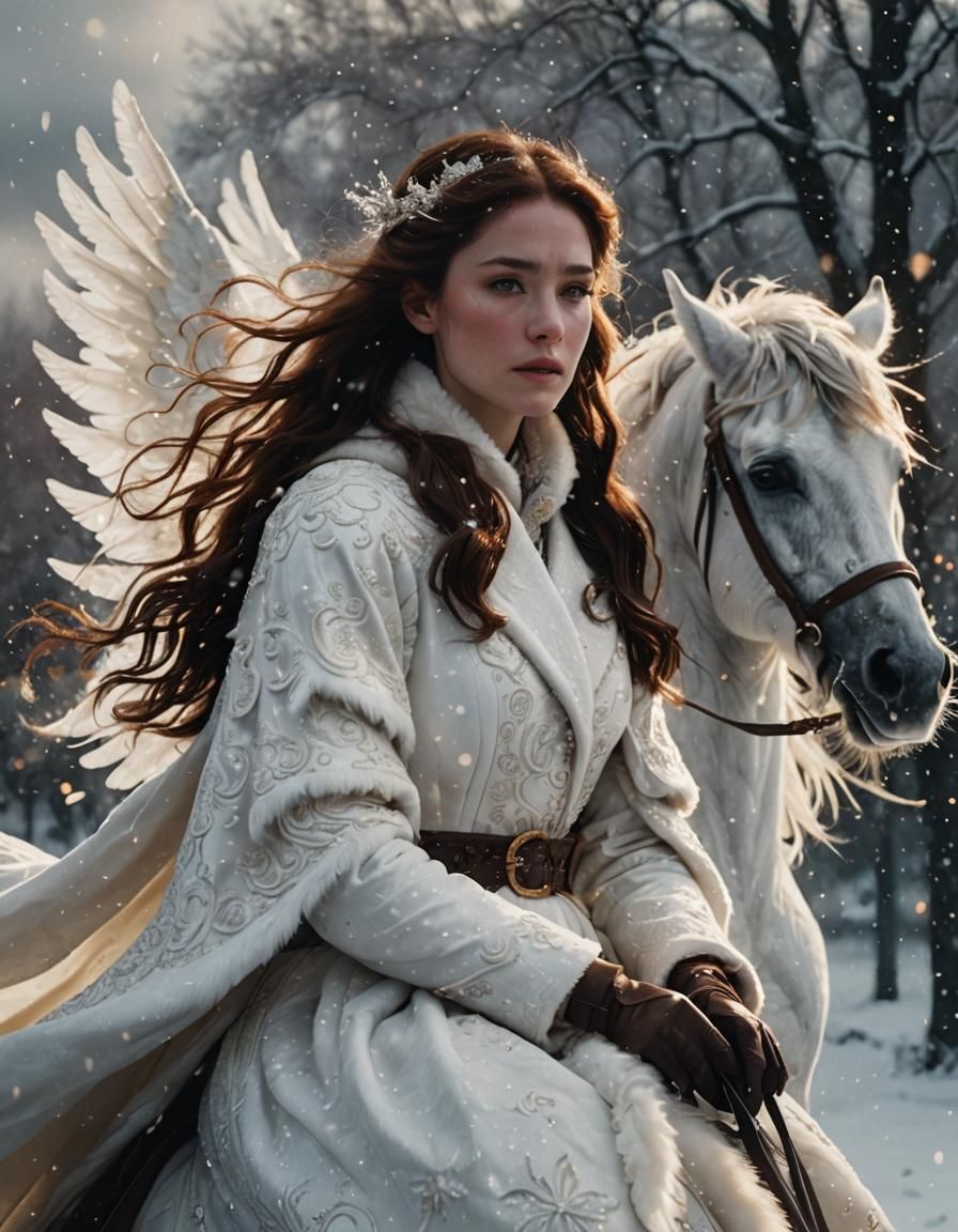 Princess on Pegasus in Snowstorm: Cinematic Film Still