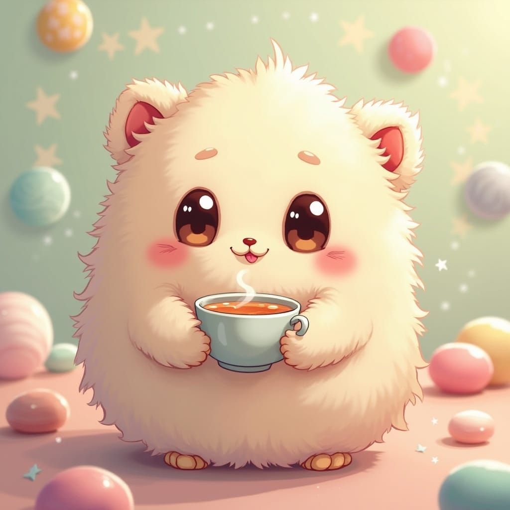 Kawaii Fluffy Creature Enjoys Tea